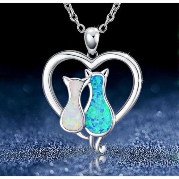 BLUE AND WHITE OPAL KITTY CAT LOVE NECKLACE - Picture 1 of 5